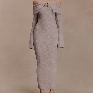 Off Shoulder Fluffy Knit Midi Dress - Taupe Marle